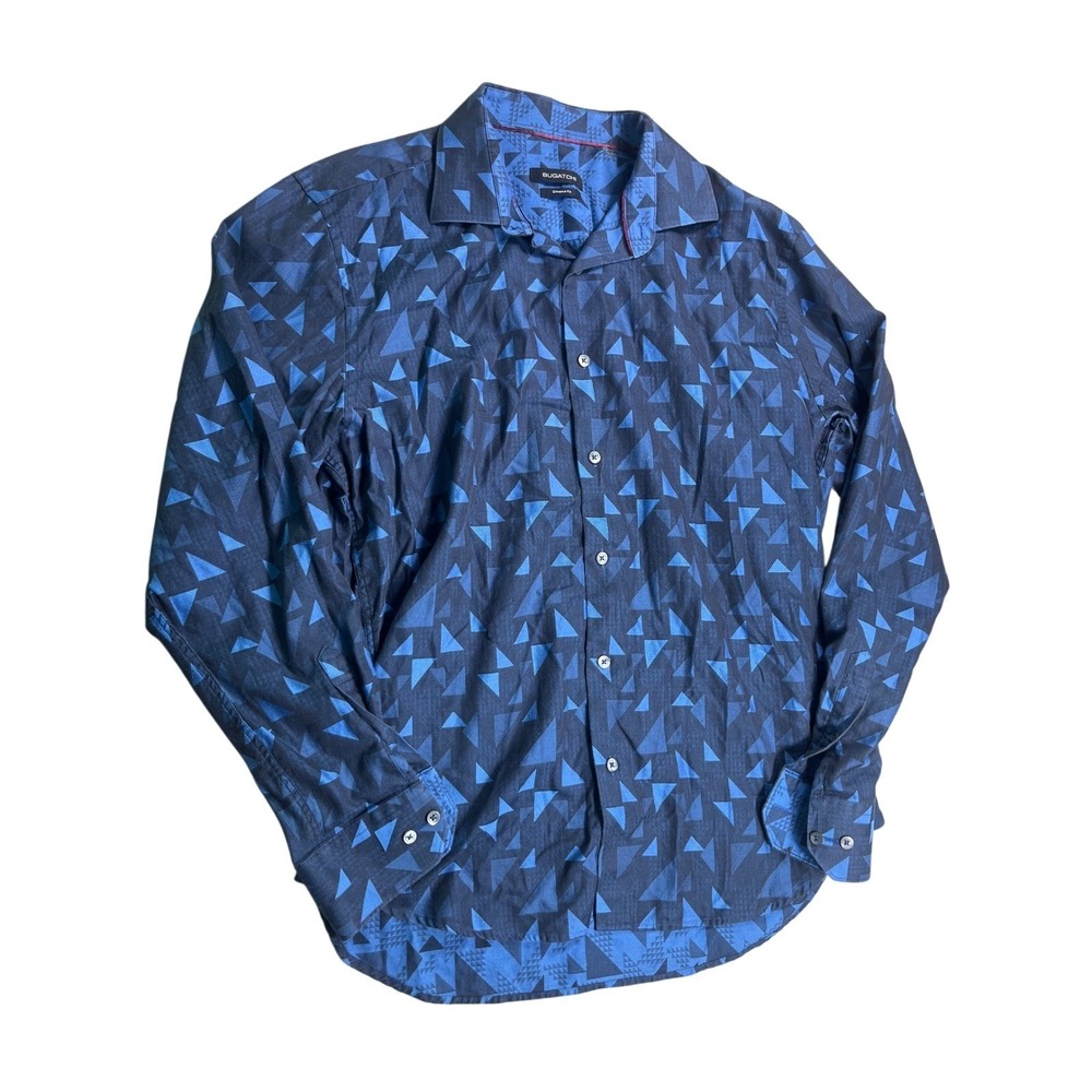 Bugatchi Shaped Fit Mens Blue Geometric Print Long Sleeve Button Down Shirt